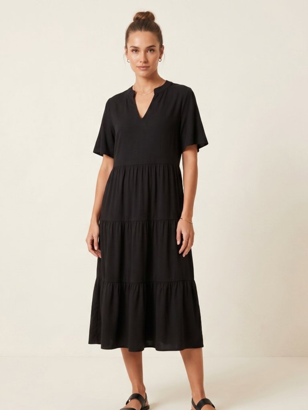 NWT | HeJoy Black Tiered V-Neck Midi Dress | Relaxed Fit | Small